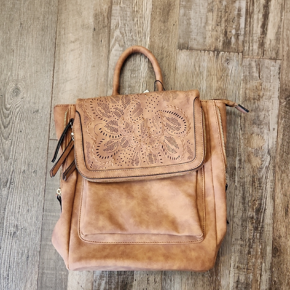 VR Tan Faux Suede Backpack Floral Eyelet Design Adjustable School Vacation NWT